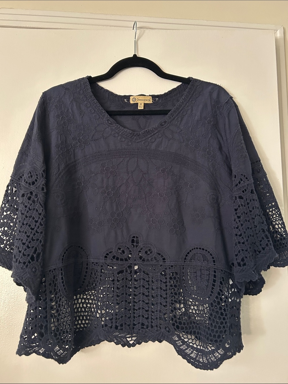 Democracy Navy Crochet Lace Boho V-Neck Top